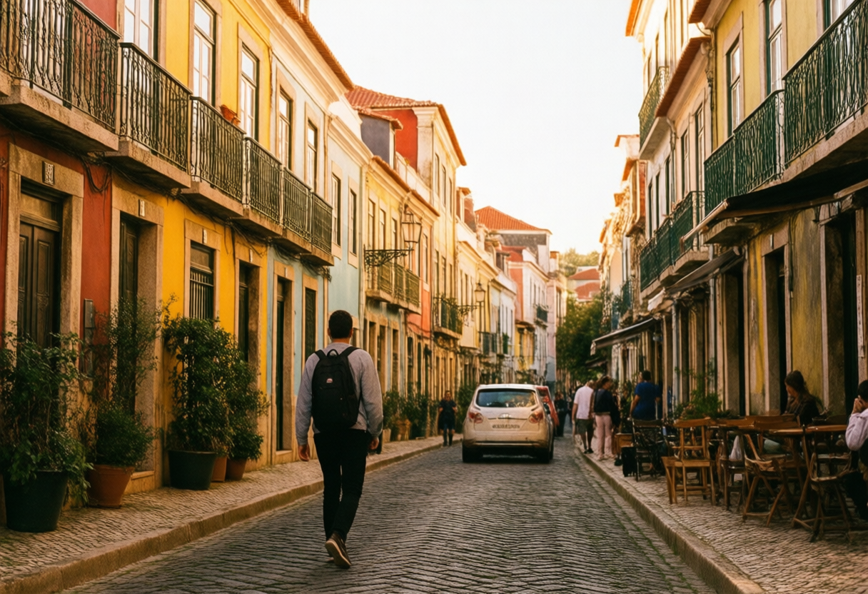 Bairro residencial ao entardecer com luz suave