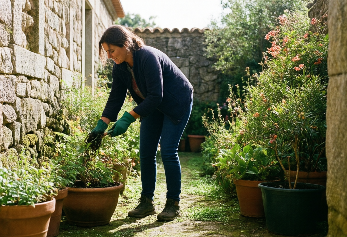 Pessoa a cuidar de plantas numa varanda iluminada