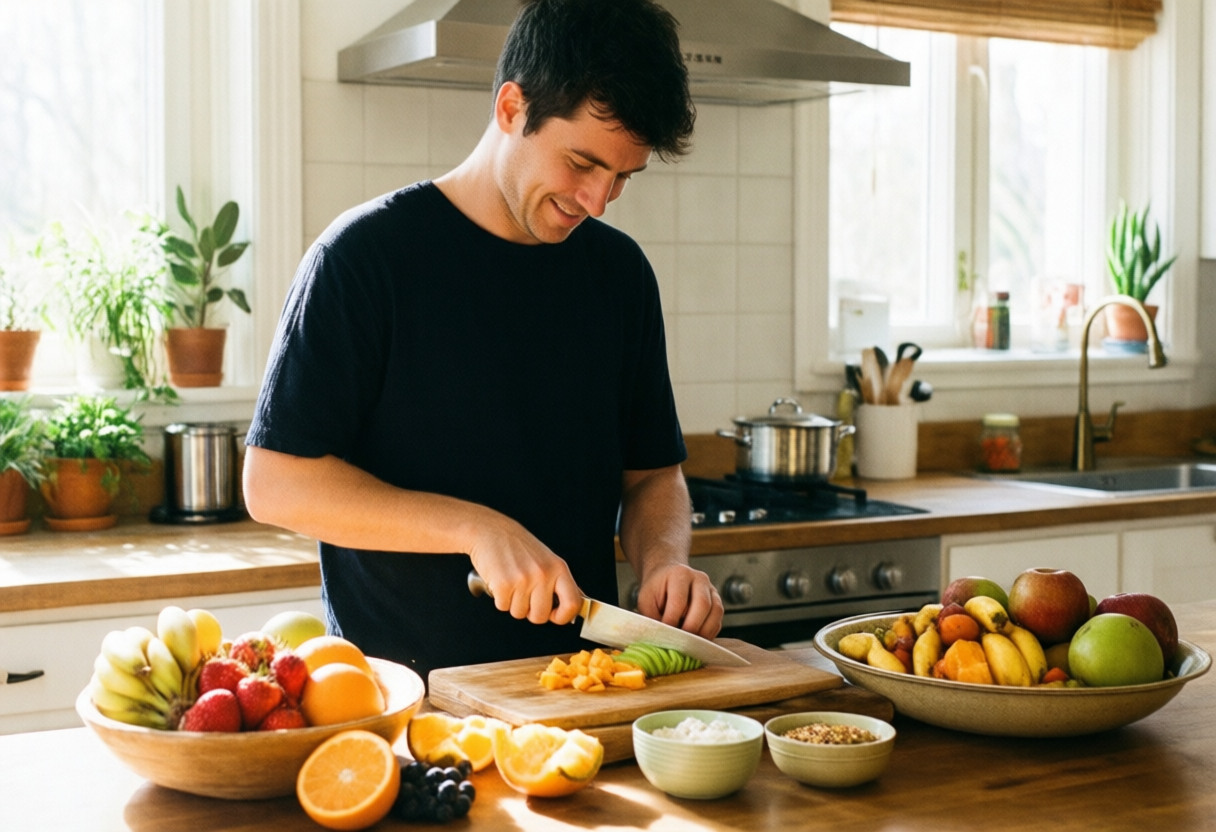 Mesa com fruta e chávenas numa tarde clara
