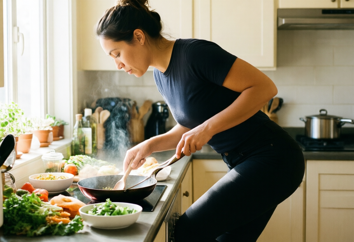 Bancada de cozinha com utensílios em segundo plano