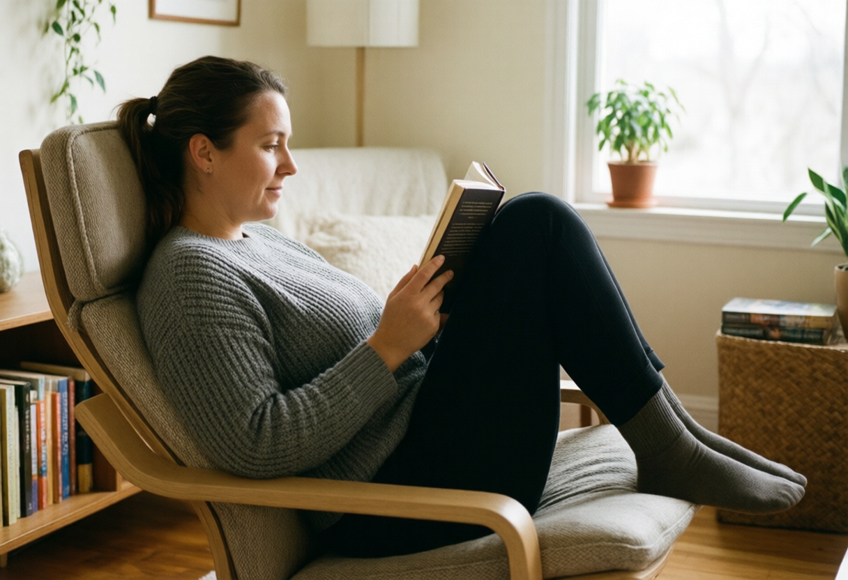 Pessoa sentada num sofá a ler um livro com posição relaxada